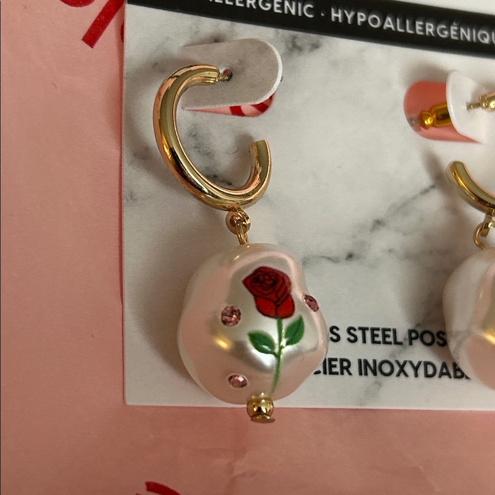Ardene chunky pearl earrings with Rose appliqué pink rhinestones